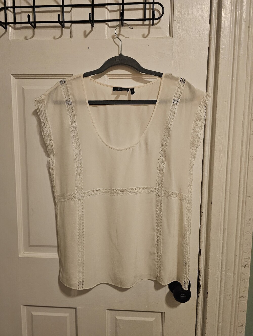 Theory Lightweight Cream Lace-Trim Cap Sleeve Top
